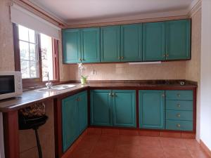 una cocina con armarios verdes y fregadero en Casa El Somadero A, en Fuencaliente de la Palma