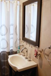 ein Badezimmer mit einem Waschbecken, einem Spiegel und einem Duschvorhang in der Unterkunft Dorrego l in Junín
