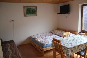 1 dormitorio con 1 cama y 1 mesa con sillas en Holiday home in Pernink/Erzgebirge 34318, en Pernink