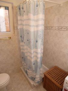 a bathroom with a shower curtain and a toilet at Holiday home in Veli Losinj 36387 in Veli Lošinj