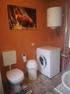 un bagno con WC e lavatrice di Holiday home in Trebbin 2611 a Trebbin Altre 25 foto