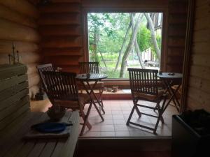 two chairs and a table in a room with a window at Holiday home in Trebbin 2611 in Trebbin
