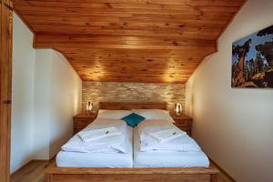 two beds in a room with a wooden ceiling at Holiday home in Harrachov 33511 in Harrachov