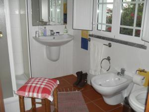 La petite salle de bains est pourvue d'un lavabo et de toilettes. dans l'établissement CASA VERDE, à Ferreira do Alentejo