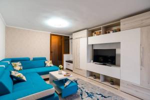 uma sala de estar com um sofá azul e uma televisão em Cozy house with nice garden in heart of city center em Cluj-Napoca