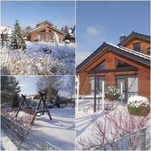 three pictures of a house in the snow at Holiday home in Zempin (Seebad) 3240 in Zempin