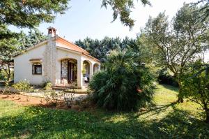 uma pequena casa branca com uma palmeira num quintal em Holiday home in Medulin/Istrien 35448 em Medulin