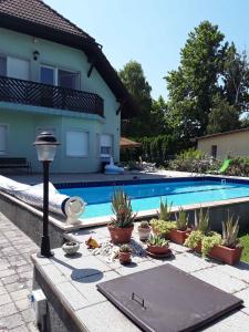 una piscina con piante in vaso accanto a una casa di Holiday home in Balatonboglar 35154 a Balatonboglár