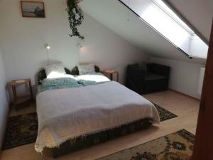 sypialnia z dużym łóżkiem i oknem dachowym w obiekcie Apartment Zalakaros 8 w Zalakaros +18 zdjęć