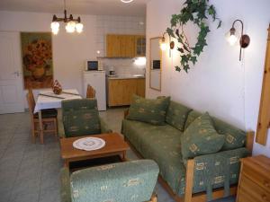ザラカロシュにあるApartment Zalakaros 5のリビングルーム(ソファ、テーブル付)、キッチンが備わります。