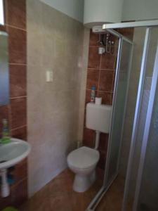 a bathroom with a toilet and a shower and a sink at Holiday home in Gyenesdias - Balaton 33973 in Gyenesdiás
