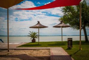 three umbrellas on the grass near a body of water at Holiday home in Gyenesdias - Balaton 33973 in Gyenesdiás +11 photos