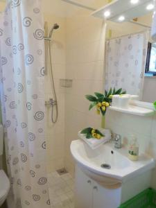 a bathroom with a sink and a shower with a mirror at Holiday home in Krsan 34600 in Kršan
