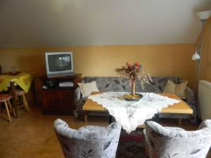 a living room with a table and chairs and a tv at Apartments in Cserkeszolo/Ostungarn 34460 in Cserkeszőlő