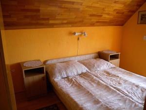 ザラカロシュにあるApartments in Zalakaros/Thermalbad 20689の木製の天井が特徴のベッドルーム1室(ベッド1台付)
