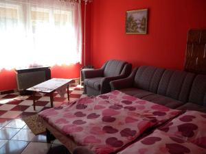 バラトンベレーニにあるHoliday home Balatonbereny/Balaton 18150の赤い壁のリビングルーム(ソファ、テーブル付)