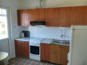 kuchnia z drewnianymi szafkami i białą płytą kuchenną w obiekcie Holiday home in Ugljan/Insel Ugljan 7464 w mieście Sušica