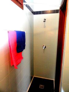 ビビオーネにあるApartments in Bibione 24565のバスルーム(シャワー、赤と青のタオル付)