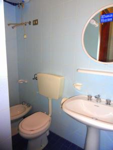 bagno con servizi igienici, lavandino e specchio di Apartments in Bibione 24565 a Bibione
