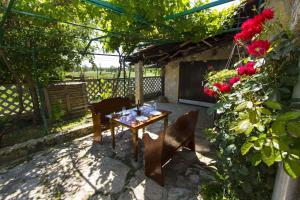 patio ze stołem, krzesłami i różami w obiekcie Holiday home in Fazana/Istrien 11339 w mieście Fondole