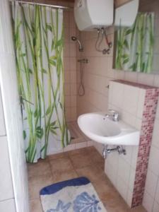 a bathroom with a sink and a shower curtain at Holiday home Fuhlendorf 1 in Fuhlendorf