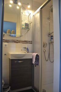 ein Bad mit einem Waschbecken und einer Dusche mit einem Spiegel in der Unterkunft Apartment Todtmoos 4 in Vordertodtmoos