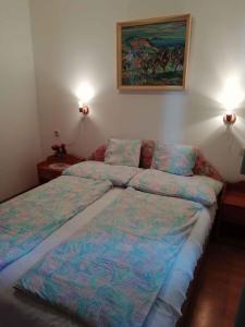 ザラカロシュにあるApartment in Zalakaros/Thermalbad 33089のベッドルーム1室(ベッド2台、壁に照明2つ付)