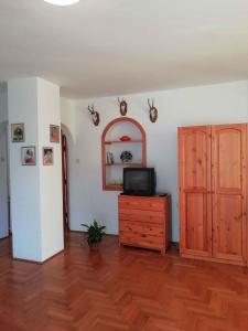 a living room with a tv and a wooden dresser at Apartment in Zalakaros/Thermalbad 33089 in Zalakaros