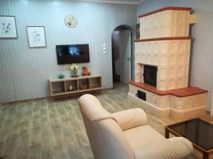 バラトンベレーニにあるApartment Balatonbereny 9のリビングルーム(ソファ、暖炉付)