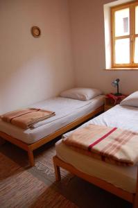 two twin beds in a room with a window at Apartment in Balatonbereny/Balaton 18075 in Balatonberény