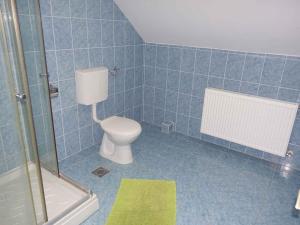 バラトンフェニヴェシュにあるApartment Balatonfenyves/Balaton 18408の青いタイル張りのバスルーム(トイレ、シャワー付)