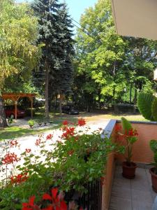 a view of a garden from a balcony with red flowers at Apartment Balatonföldvar/Balaton 18519 in Balatonföldvár