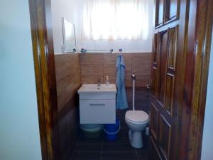 バラトンマーリアフュルドゥーにあるHoliday home Balatonkeresztur 12のバスルーム(洗面台、トイレ付)、窓が備わります。