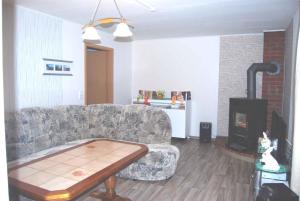 ein Wohnzimmer mit einem Sofa und einem Kamin in der Unterkunft Holiday home Ummanz 1 in Lieschow