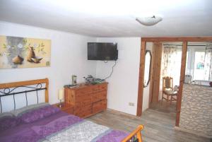 ein Schlafzimmer mit einem Bett und einem TV an der Wand in der Unterkunft Apartment Ummanz 1 in Lieschow