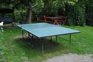 a ping pong table in a yard with a bench at Apartment Orvenyes 1 in Örvényes