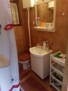 a bathroom with a sink and a toilet and a mirror at Apartment Jablanac/Velebit Riviera 17115 in Jablanac