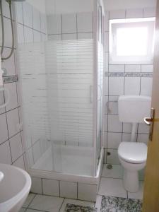 a bathroom with a shower and a toilet and a sink at Apartment Silo 8 in Šilo