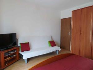 salon z białą kanapą i telewizorem w obiekcie Apartment Fazana, Istria 11 w Fažanie