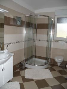 een badkamer met een douche, een toilet en een wastafel bij Apartment Liznjan 4 in Ližnjan