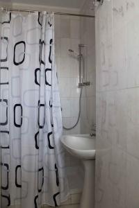 a bathroom with a shower curtain and a sink at Apartment Valbandon 8 in Štinjan
