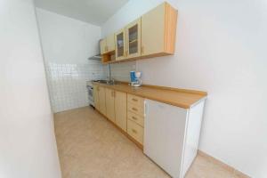 uma pequena cozinha com armários de madeira e um balcão em Apartment Kozino 1O em Kožino