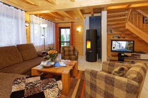 ein Wohnzimmer mit einem Sofa und einem TV in einer Hütte in der Unterkunft Holiday home in Zempin (Seebad) 3239 in Zempin