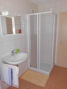 a bathroom with a shower and a sink at Apartment Sayda 1 in Pilsdorf