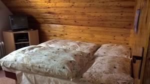 a bed in a room with a wooden wall at Holiday home in Pernink - Erzgebirge 1672 in Pernink