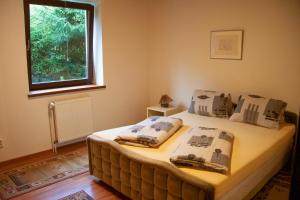 a bedroom with a bed with two pillows and a window at Apartment Harrachov 3 in Harrachov