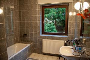 ein Bad mit einem Waschbecken, einer Badewanne und einem Fenster in der Unterkunft Apartment Harrachov 3 in Harrachov