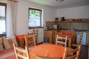 une cuisine avec des tables et des chaises et une cuisine avec un comptoir dans l'établissement Apartment Harrachov 6, à Nový Svět