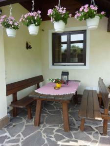 einem Picknicktisch und einer Bank mit Topfpflanzen an der Wand in der Unterkunft Apartment Strobl 2 in Strobl