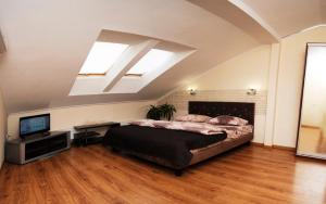 a bedroom with a bed and a television in it at Квартири подобово Івано-Франківська Nice apartments for booking in Ivano-Frankivsk